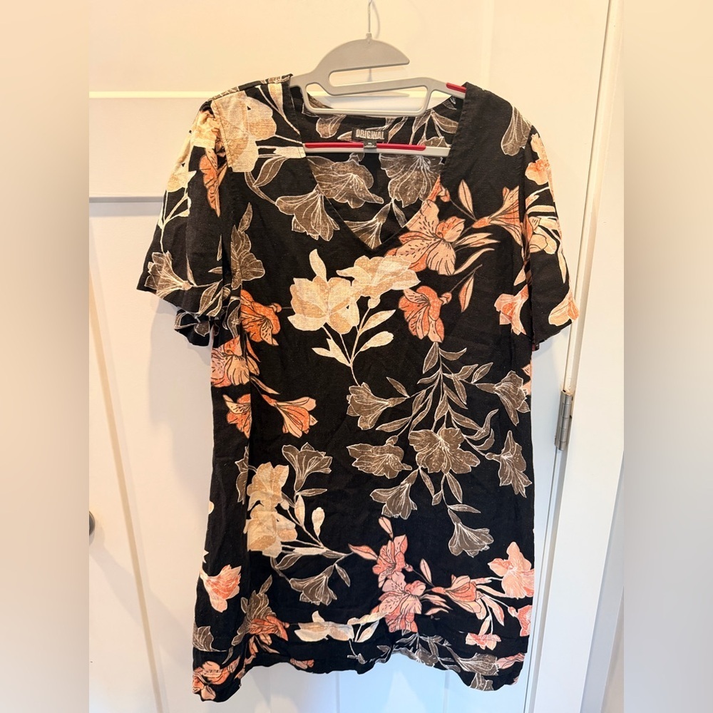 Nicole Miller Original Linen Blend Floral Dress Black XL V-Neck
